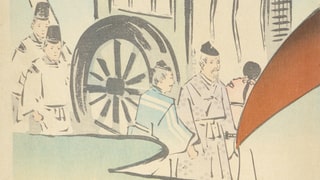 Ein alter japanischer Print zeigt eine Kutsche und mehrere Japaner.