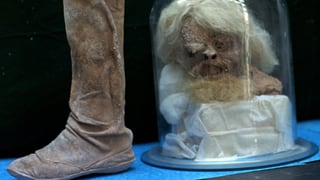 Lederstiefel und mumifizierter Männerkopf unter einer Glasglocke