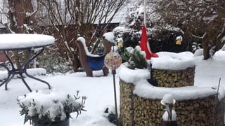 Dicke Schneeschicht im Garten.