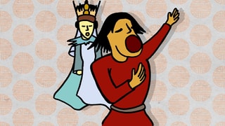 Die Zeichnung zeigt zwei singende Figuren aus der Oper.