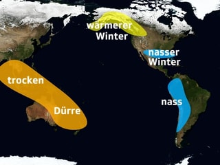 Karte des Pazifiks, links Australien, orange eingefärbt. Rechts Südamerika mit Peru, blau eingefärbt.