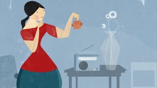 Eine Frau hält einen Goldfisch in der Hand, Ausschnitt aus einem Animationsfilm.