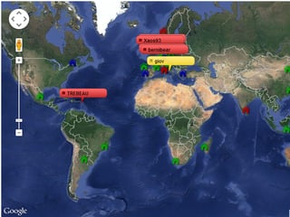 Weltkarte, darauf eingezeichnet Orte, an denen ein Mitglied gerade im Drachen fliegt.