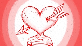 Illustration: Ein Herz, durchbohrt von einem Liebespfeil, als Kopf auf einem menschlichen Rumpf.