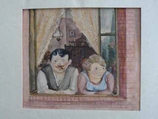 Ein Gemälde zeigt ein Mann und eine Frau, die aus einem Fenster blicken.
