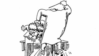 Ein Mann schlägt in einer Zeichnung mit einer Rute auf zwei Knaben ein.