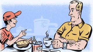 Zeichnung von Timo mit roter Dächlikappe und Paps am Frühstückstisch.