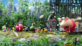 Pikmin fliehen vor einem Käfer.