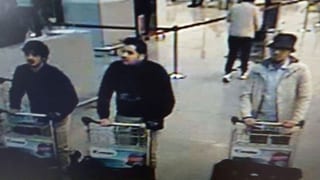 Drei Männer schieben einen Gepäckwagen vor sich hin.