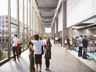 Visualisierung einer Sporthalle mit Menschen, die auf das nebenstehende Quartier blicken.