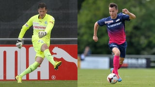 Ein kombiniertes Bild: Links GC-Goalie Davari bei einem Abstoss, rechts FCZ-Stürmer Rossini den Ball führend.