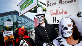 Als Skelette und Teufel verkleidete Protestierende mit Protestschildern. Als Skelette und Teufel verkleidete Protestierende mit Protestschildern.
