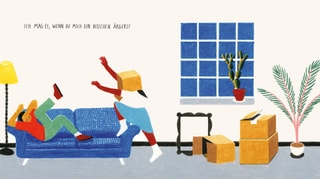 Illustration: Ein Mann kauert sich auf einem Sofa zusammen, eine Frau mit Kartonschachtel auf dem Kopf bewegt sich mit angriffig ausgestreckten Armen auf ihn zu. Darüber die Schrift: "Ich mag es, wenn du mich ein bisschen ärgerst."
