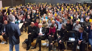 Blick in den Veranstaltungssaal. Man sieht viele Leute, die den Stimmzettel in die Höhe halten. 