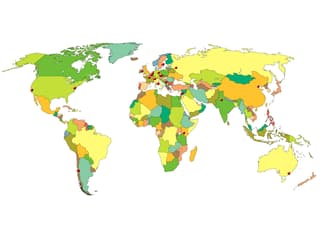 Weltkarte mit eingezeichneten Orten, an denen die SRF-Korrespondenten stationiert sind.