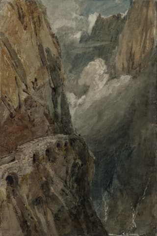Ein Aquarell von William Turner: dunkles Gebirge.