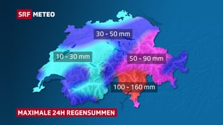 Eingefärbte Schweizerkarte mit Angabe zu Niederschlagsmengen
