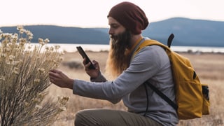 Ein Hippie mit Mütze und langem Bart versucht mit dem Smartphone eine Pflanze zu bestimmen.