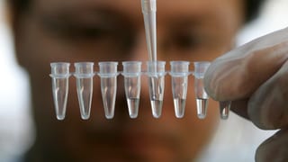 Ein Chemiker befüllt kleine Gefässe mit einer durchsichtigen Flüssigkeit.