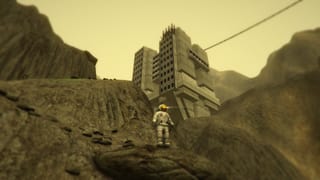 Der Astronaut steht vor einem Betongebäude im Gebirge. Der Astronaut steht vor einem Betongebäude im Gebirge.