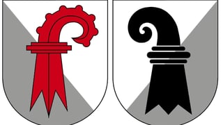 Kantonswappen von Basel-Landschaft und Basel-Stadt.