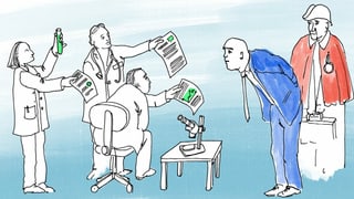 eine Illustration, die mehrere Wissenschaftler zeigt, die Alain Berset ihre Berichte vorhalten eine Illustration, die mehrere Wissenschaftler zeigt, die Alain Berset ihre Berichte vorhalten