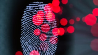 Ein Fingerabdruck vor digitalen Pixeln. Ein Fingerabdruck vor digitalen Pixeln.