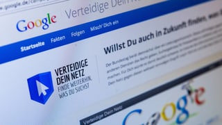 Der Screenshot einer Google-Seite, auf der sich das Unternehmen gegen das Leistungsschutzrecht ausspricht. Der Screenshot einer Google-Seite, auf der sich das Unternehmen gegen das Leistungsschutzrecht ausspricht.