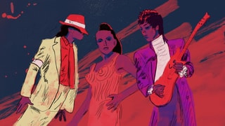 Illustration: Ein Mann mit Hut und schräger Pose, eine Frau in engem Kostüm, ein Mann mit Gitarre und lila Anzug.