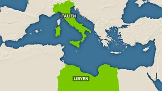Mittelmeerkarte, Italien und Libyen eingezeichnet.