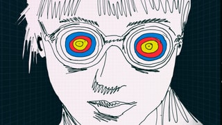 Person mit Brille, deren Gläser Zielscheiben sind Person mit Brille, deren Gläser Zielscheiben sind