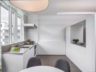 Küche und fahrbares Büro in einer kleinen Wohnung. 