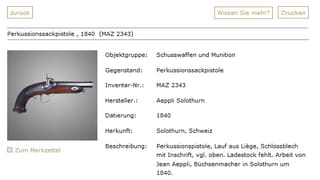 Ausschnitt aus dem Onlineinventar des Zeughauses. Ausschnitt aus dem Onlineinventar des Zeughauses.