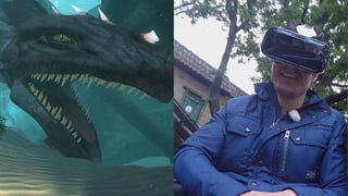 Zweigeteiltes Bild: Links ein Fantasiedrache, rechts Tobias Müller mit Virtual-Reality-Brille Zweigeteiltes Bild: Links ein Fantasiedrache, rechts Tobias Müller mit Virtual-Reality-Brille