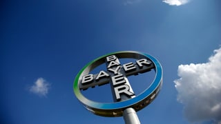 Das Bayer-Logo vor blauem Himmel mit Wölkchen.
