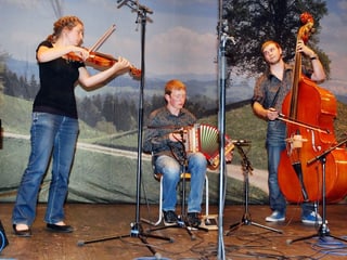Eine Violinistin, ein Schwyzerörgeler und ein Kontrabassist während eines Auftritts auf der Bühne.