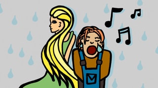 Cartoon: Ein Mann singt mit geschlossenen Augen und Tränen in den Augenwinkeln, daneben eine blone Frau, im Hintergrund regnet es Tränen.