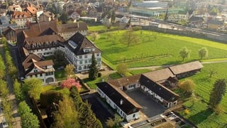 Klosteranlage mit verschiedenen Bauen auf einer grünen Wiese (Flugbild).