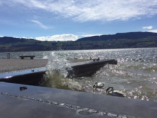 Föhnströmung über dem Zürichsee drückt die Wellen ans Ufer.