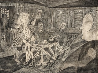 Dunkle Zeichnung von drei Männern. Einer trägt eine Perücke. Vor ihnen steht ein Tisch mit Tellern drauf. Dunkle Zeichnung von drei Männern. Einer trägt eine Perücke. Vor ihnen steht ein Tisch mit Tellern drauf.
