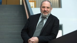 Sigfried Mauer trägt einen Anzug und steht auf einer Treppe.