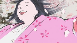 Zeichnung eines lachenden Mädchens im rosa Blumengewand.