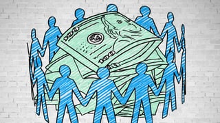 Illustration von Menschen, die händehebend einen Kreis bilden, in dessen Mitte ein Haufen Banknoten liegen.