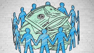 Illustration von Menschen, die händehebend einen Kreis bilden, in dessen Mitte ein Haufen Banknoten liegen. Illustration von Menschen, die händehebend einen Kreis bilden, in dessen Mitte ein Haufen Banknoten liegen.