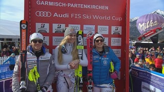 Fabienne Suter (l.), Lindsey Vonn (m.) und Viktoria Rebensburg (r.) in der Leaderbox. 