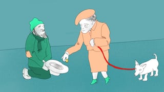 Eine Frau gibt einem Bettler ein wenig Geld. Eine Frau gibt einem Bettler ein wenig Geld.