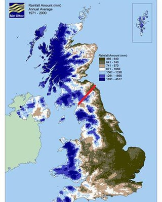 Karte mit kimmulierten Regenfällen über Grossbritannien