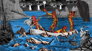 Collage: Gezeichnete Fantasie-Wesen auf einem Boot.