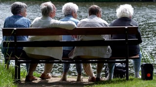 Fünf Rentner sitzen auf einer Bank, man sieht alle von hinten.