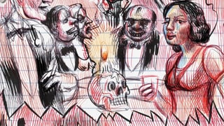 Comic-Ausschnitt: Eine Frau im Abendkleid, in der Mitte ein Schädel, daneben Männer in Anzügen.